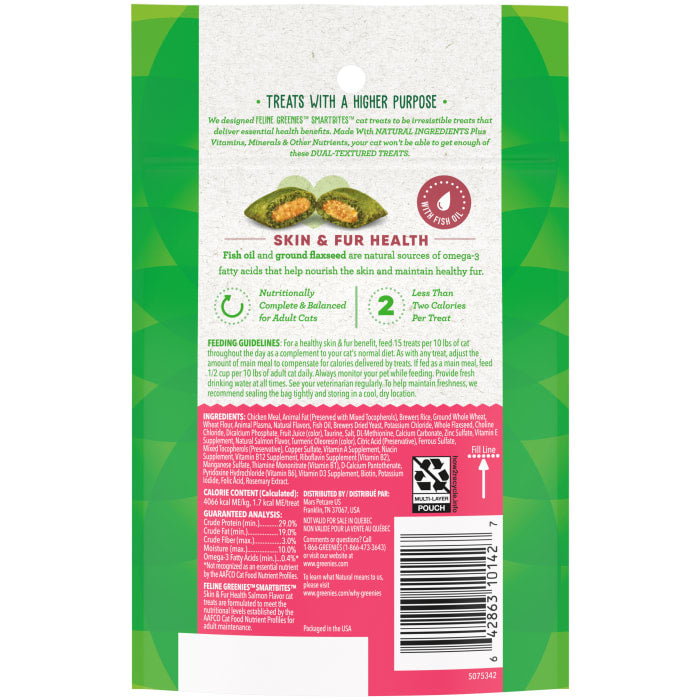 Greenies Feline SmartBites Skin & Fur Crunchy & Soft Adult Cat Treats Salmon 2.1oz