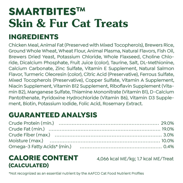 Greenies Feline SmartBites Skin & Fur Crunchy & Soft Adult Cat Treats Salmon 2.1oz