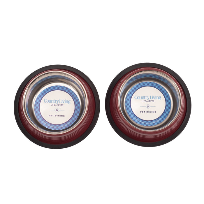 Country Living Set of 2 Ribbed Non-Slip Pet Bowls – Merlot Red