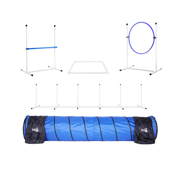 Better Sporting Dogs Complete Starter Agility Set for Dogs | 5 Piece Dog Agility Kit | Agility Jump | Tire Jump | Weave Poles | 10’ Tunnel with Sandbags | Pause Box