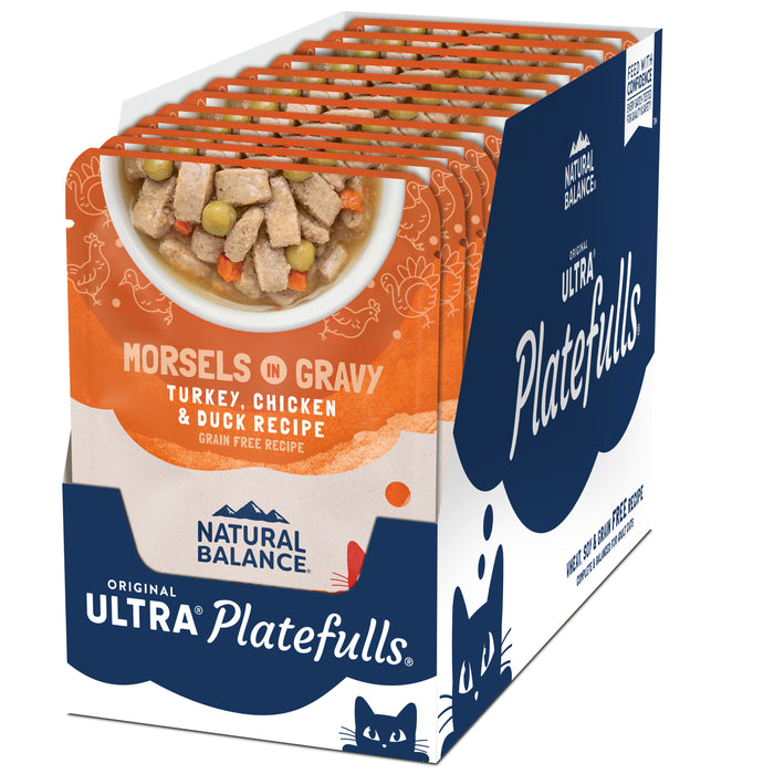 Natural Balance Pet Foods Original Ultra Platefulls Morsels in Gravy Wet Cat Food Pouch Turkey, Chicken, & Duck 3oz (Pack of 24)