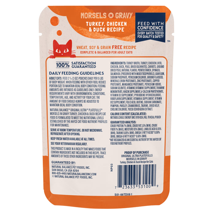 Natural Balance Pet Foods Original Ultra Platefulls Morsels in Gravy Wet Cat Food Pouch Turkey, Chicken, & Duck 3oz (Pack of 24)