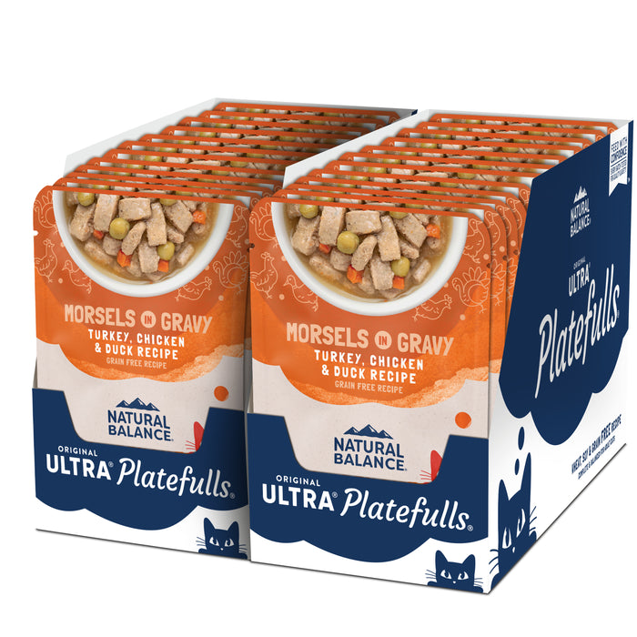 Natural Balance Pet Foods Original Ultra Platefulls Morsels in Gravy Wet Cat Food Pouch Turkey, Chicken, & Duck 3oz (Pack of 24)