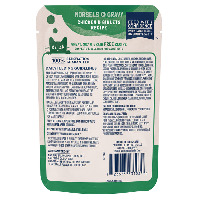 Natural Balance Pet Foods Original Ultra Platefulls Morsels in Gravy Wet Cat Food Pouch Chicken & Giblets 3oz (Pack of 24)