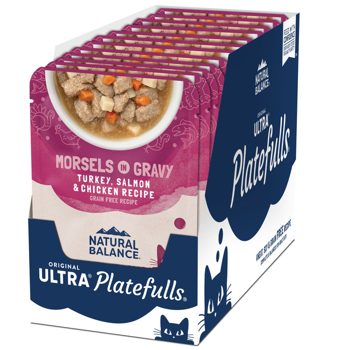 Natural Balance Pet Foods Original Ultra Platefulls Morsels in Gravy Wet Cat Food Pouch Turkey, Salmon & Chicken 3oz (Pack of 24)