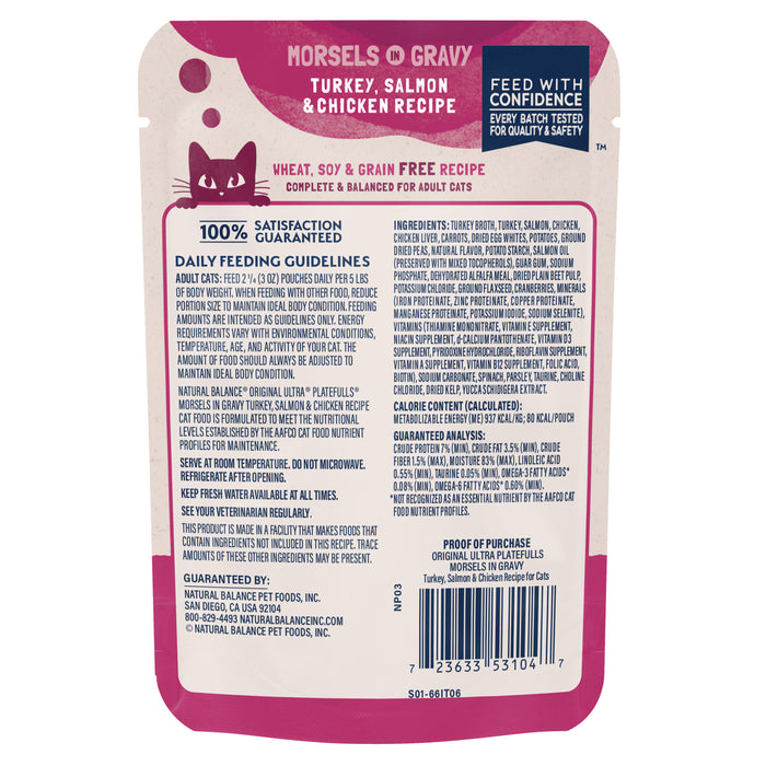 Natural Balance Pet Foods Original Ultra Platefulls Morsels in Gravy Wet Cat Food Pouch Turkey, Salmon & Chicken 3oz (Pack of 24)