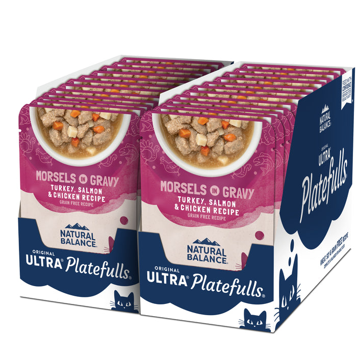 Natural Balance Pet Foods Original Ultra Platefulls Morsels in Gravy Wet Cat Food Pouch Turkey, Salmon & Chicken 3oz (Pack of 24)