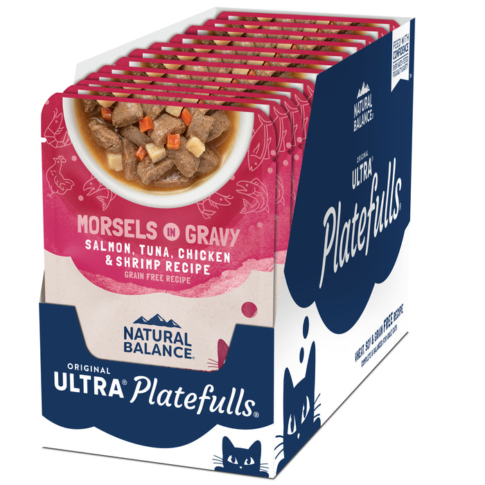 Natural Balance Pet Foods Original Ultra Platefulls Morsels in Gravy Wet Cat Food Pouch Salmon, Tuna, Chicken & Shrimp 3oz (Pack of 24)