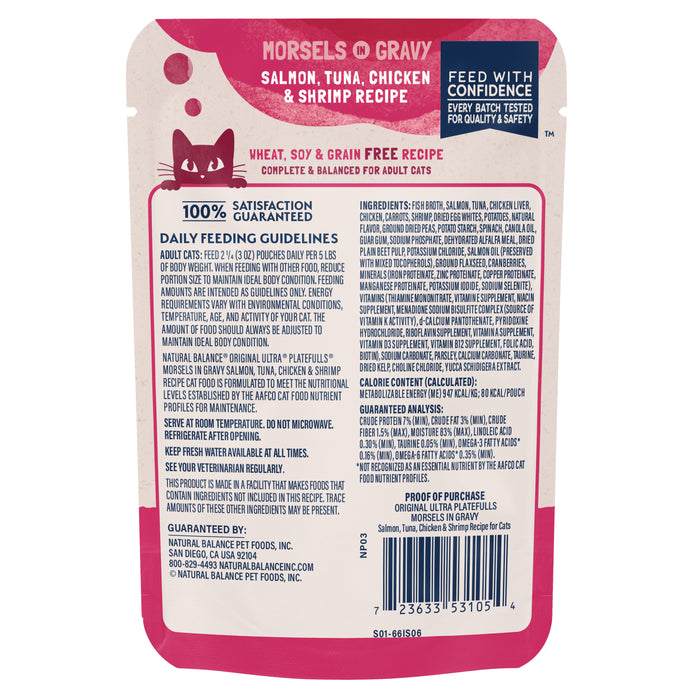 Natural Balance Pet Foods Original Ultra Platefulls Morsels in Gravy Wet Cat Food Pouch Salmon, Tuna, Chicken & Shrimp 3oz (Pack of 24)