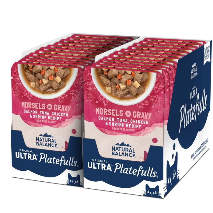 Natural Balance Pet Foods Original Ultra Platefulls Morsels in Gravy Wet Cat Food Pouch Salmon, Tuna, Chicken & Shrimp 3oz (Pack of 24)