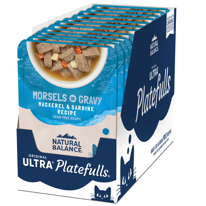 Natural Balance Pet Foods Original Ultra Platefulls Morsels in Gravy Wet Cat Food Pouch Mackerel & Sardine 3oz (Pack of 24)
