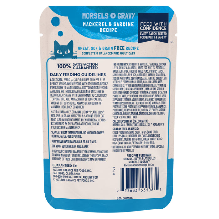 Natural Balance Pet Foods Original Ultra Platefulls Morsels in Gravy Wet Cat Food Pouch Mackerel & Sardine 3oz (Pack of 24)