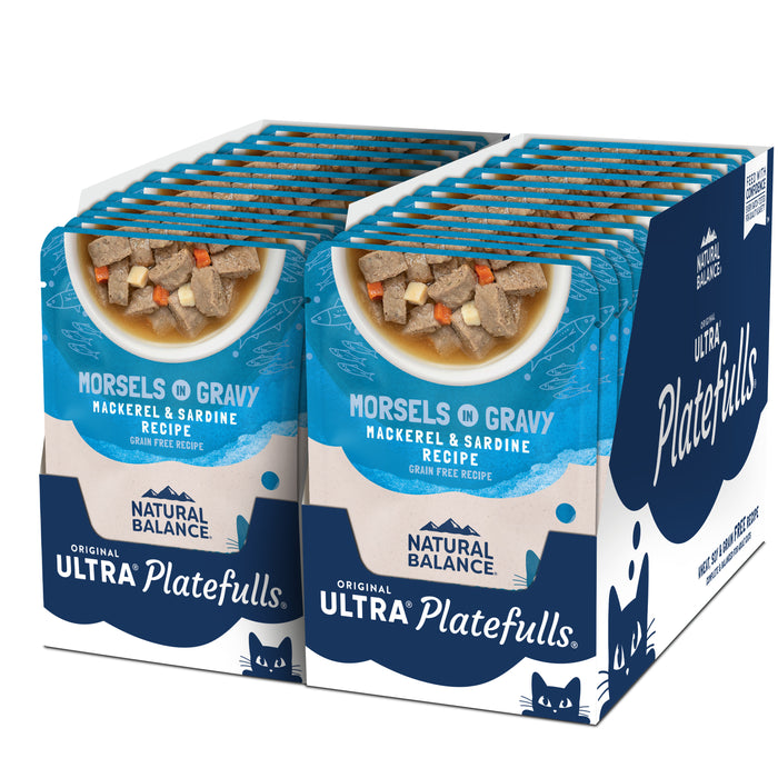 Natural Balance Pet Foods Original Ultra Platefulls Morsels in Gravy Wet Cat Food Pouch Mackerel & Sardine 3oz (Pack of 24)
