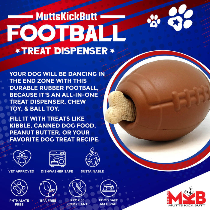 Mutts Kick Butt Football eDispenser Durable Rubber Chew Toy and Treat Dispenser