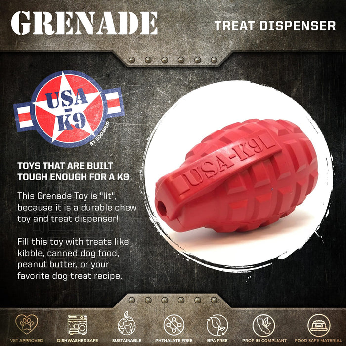 SodaPup USA-K9 Grenade eDispenser Durable Rubber Chew Toy & Treat Dispenser - red