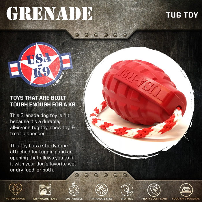 SodaPup USA-K9 Grenade Durable Rubber Chew Toy, Treat Dispenser, Reward Toy, Tug Toy, and Retrieving Toy