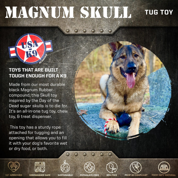 SodaPup USA-K9 Magnum Skull Durable Rubber Chew Toy, Treat Dispenser, Reward Toy, Tug Toy, and Retrieving Toy - Black Magnum