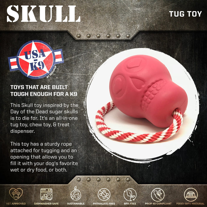SodaPup USA-K9 Skull Durable Rubber Chew Toy, Treat Dispenser, Reward Toy, Tug Toy, and Retrieving Toy - Pink