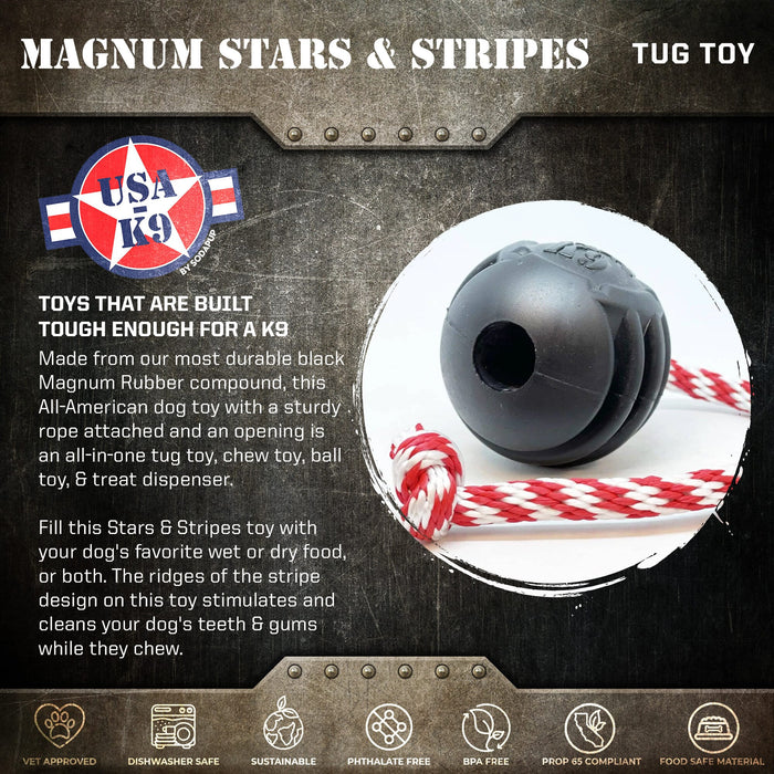 SodaPup USA-K9 Magnum Black Stars and Stripes Ultra-Durable  Rubber Chew Toy, Reward Toy, Tug Toy, and Retrieving Toy - Black