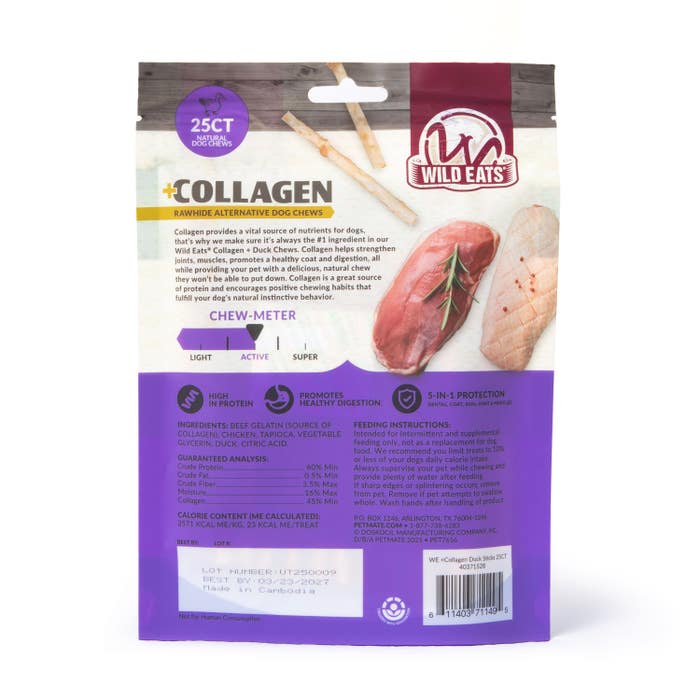 Wild Eats Duck Flavor Collagen Long Lasting Dog Chew Sticks (Pack of 25)