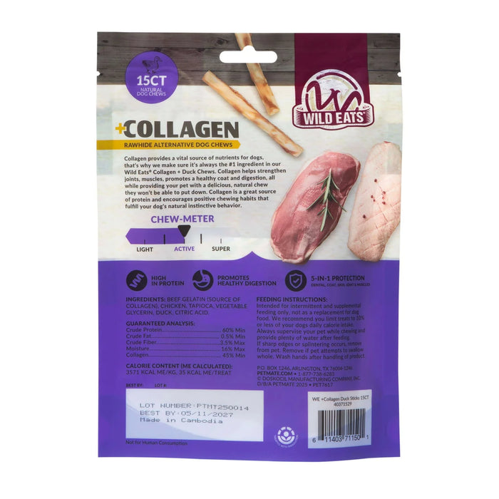 Wild Eats Duck Flavor Collagen Long Lasting Dog Chew Sticks 15 CT