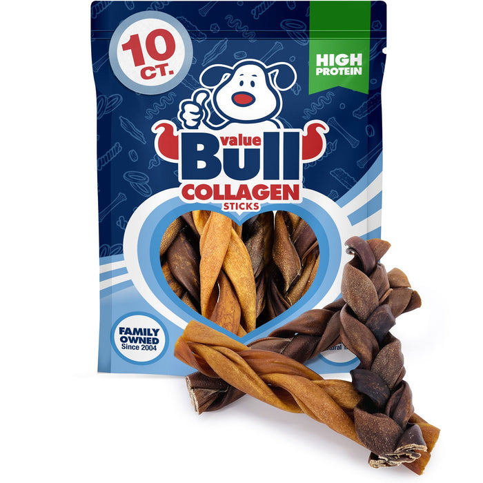 Value Pet Supplies ValueBull Collagen Braided Sticks for Dogs, 6 Inch Thick Chews, Natural Long-Lasting Dog Treats, 10 Count