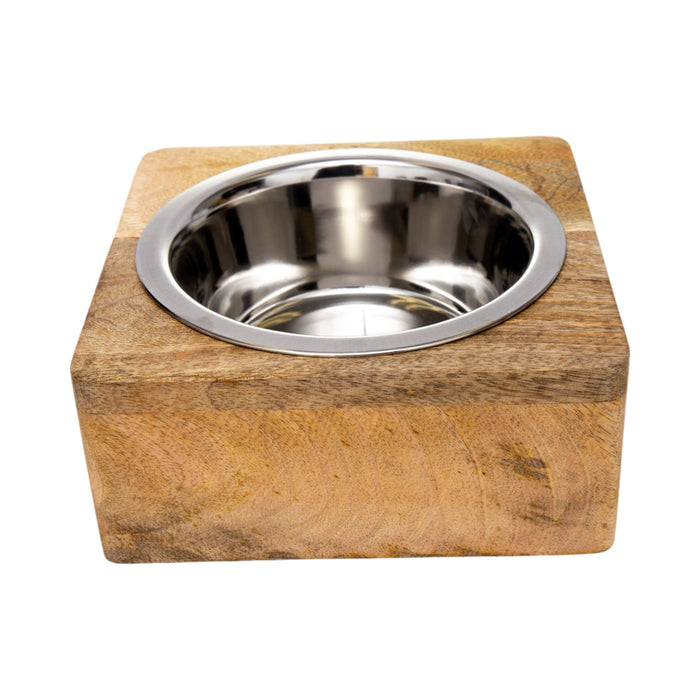 Country Living Elegant Stainless Steel Dog Bowl with Square Mango Wood Holder – 1 Quart