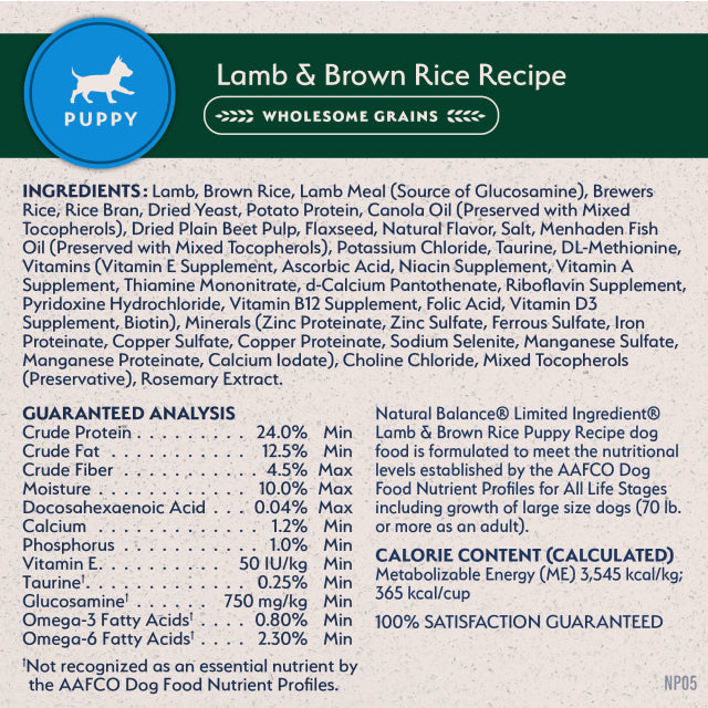 Natural Balance Pet Foods Limited Ingredient Puppy Dry Dog Food Lamb & Brown Rice 12lb