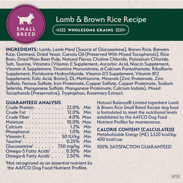 Natural Balance Pet Foods Limited Ingredient Small Breed Dry Dog Food Lamb & Brown Rice 12lb