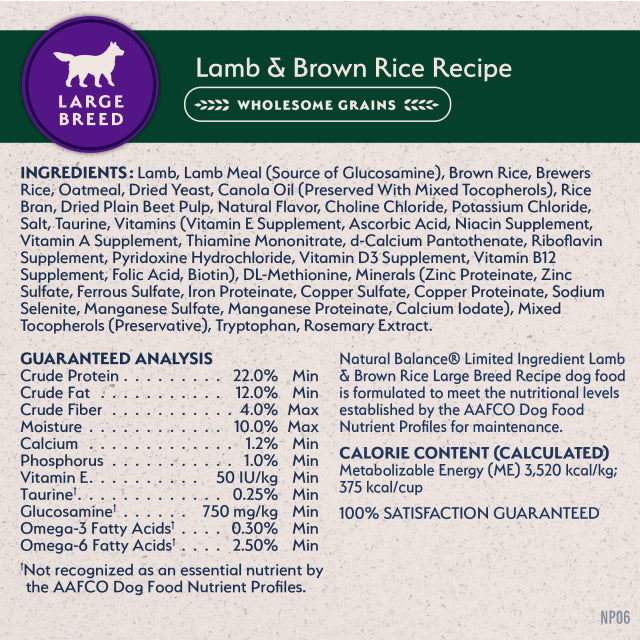 Natural Balance Pet Foods Limited Ingredient Large Breed Dry Dog Food Lamb & Brown Rice 26lb
