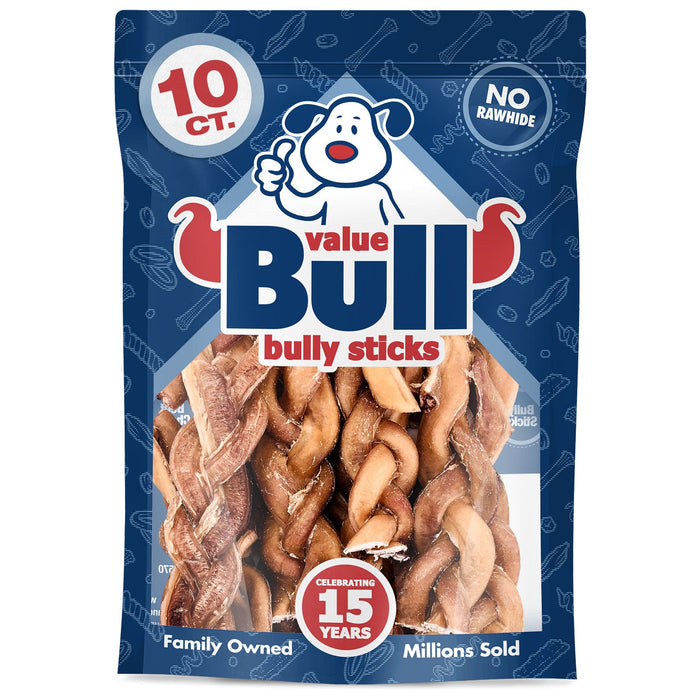 Value Pet Supplies ValueBull Braided Bully Sticks for Large Dogs, Thick 6 Inch, 10 Count