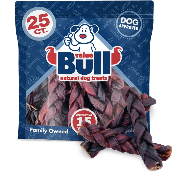 Value Pet Supplies ValueBull USA Collagen Braid Beef Large Dog Chews, Thick 6 Inch 25 Count