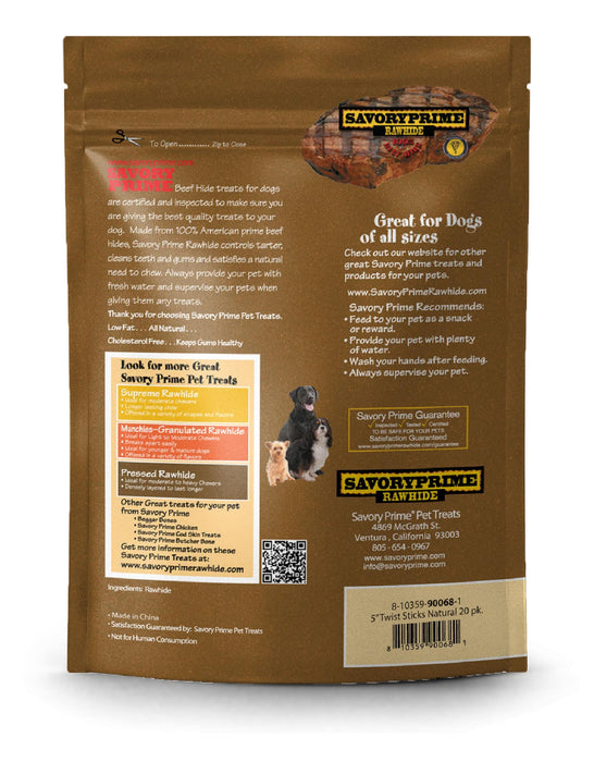 Savory Prime Pressed Rawhide Twist Sticks Natural Dog Treats 5 in (Pack of 20)