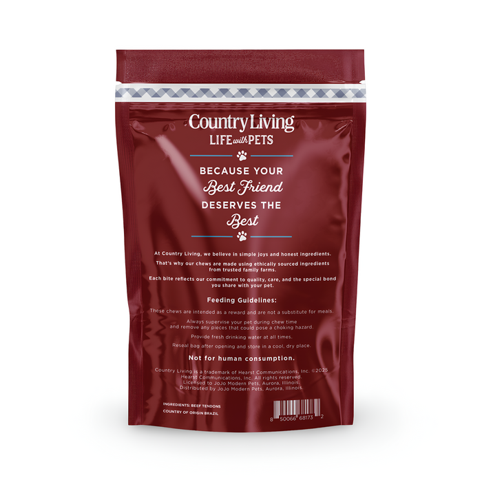Country Living 4”-7” Beef Backstrap Tendon Dog Chews – 5 Count Bag – All-Natural, Long-Lasting, High-Protein Dog Treats – Single-Ingredient, Grain-Free