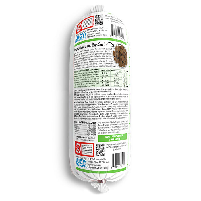 Lucy Pet Products Mom's Meatloaf Dinner Roll Beef, Carrots & Spinach 2lb