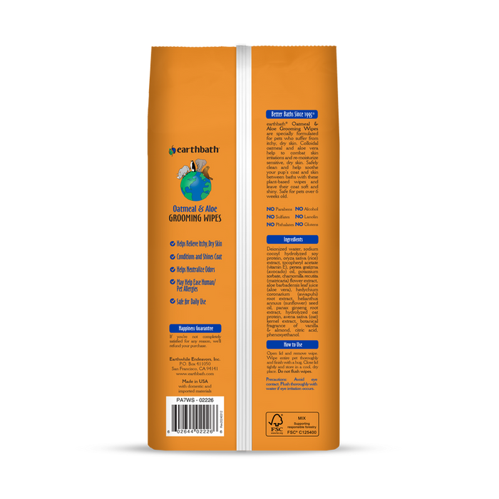 Earthbath Oatmeal & Aloe Grooming Wipes, Vanilla & Almond Soft-Sided Pouch (100 Count)