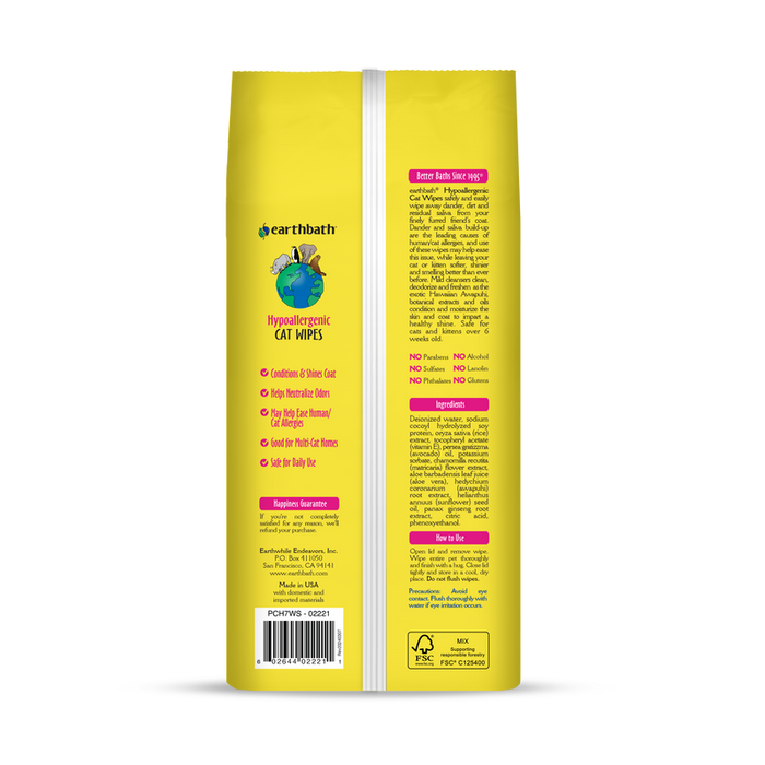 Earthbath Hypo-Allergenic Cat & Kitten Grooming Wipes, Fragrance Free (100 Count)