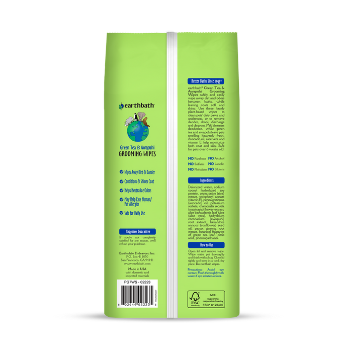 Earthbath Grooming Wipes, Green Tea & Awapuhi (100 Count)
