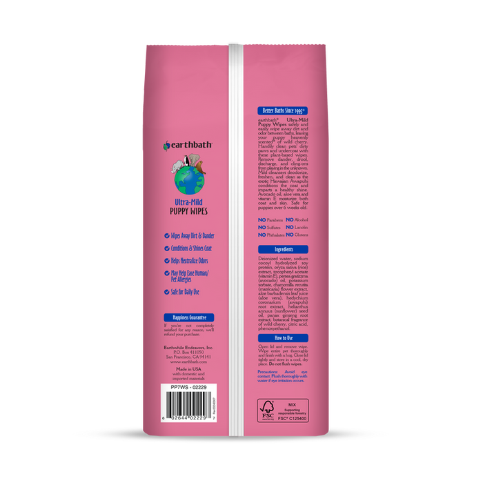 Earthbath Ultra-Mild Puppy Wipes, Wild Cherry (100 Count)