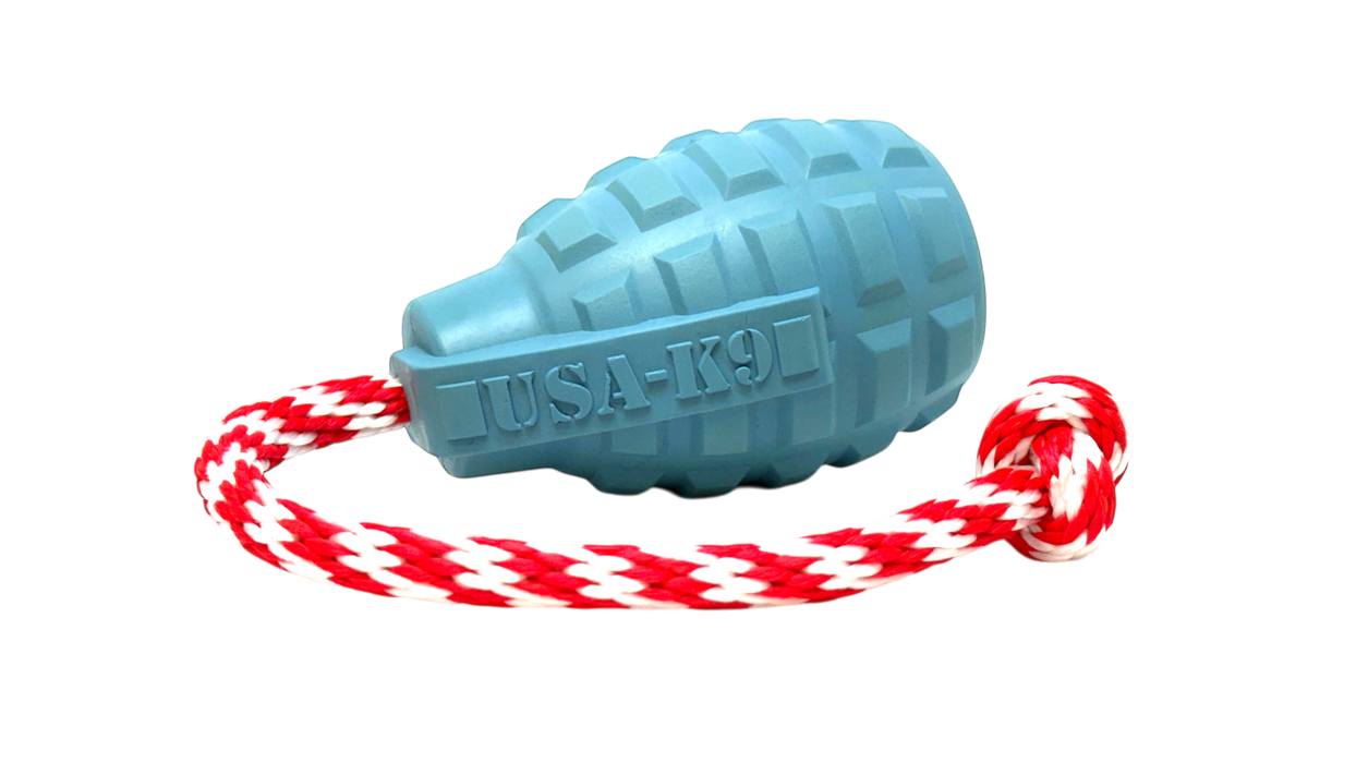 SodaPup USA-K9 Grenade Rubber Dog Toy - Chew, Treat Dispenser & Tug Toy Steel Blue