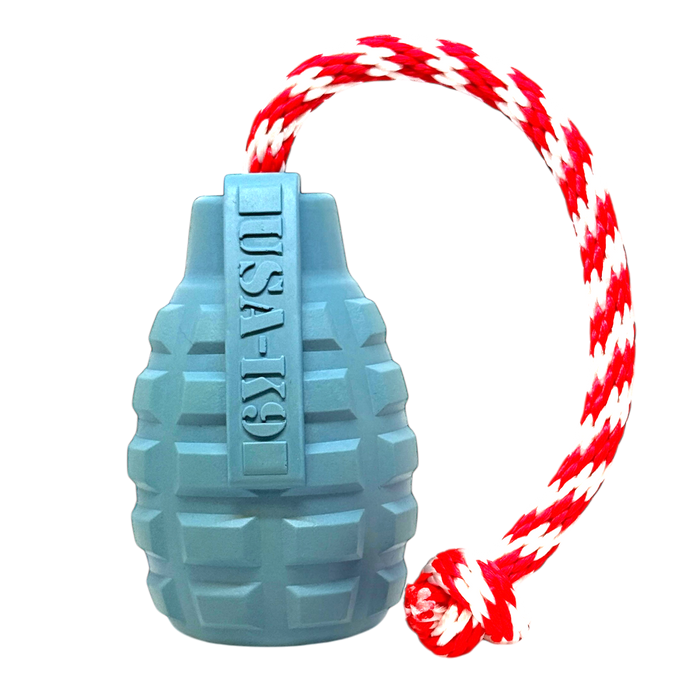 SodaPup USA-K9 Grenade Rubber Dog Toy - Chew, Treat Dispenser & Tug Toy Steel Blue