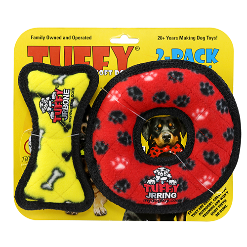 Tuffy Junior Bone Yellow and Ring Red Paw Dog Toy (Pack of 2)