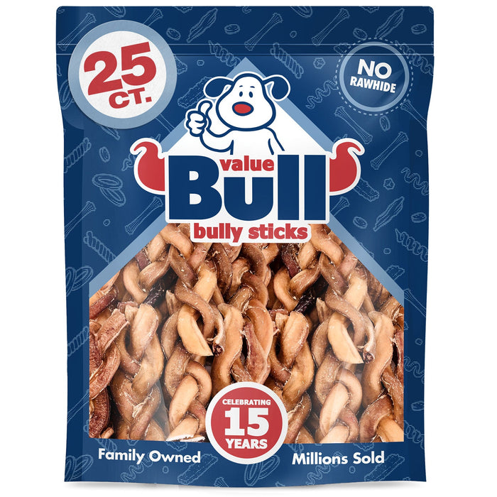 Value Pet Supplies ValueBull Braided Bully Sticks for Large Dogs, Thick 6 Inch, 25 Count