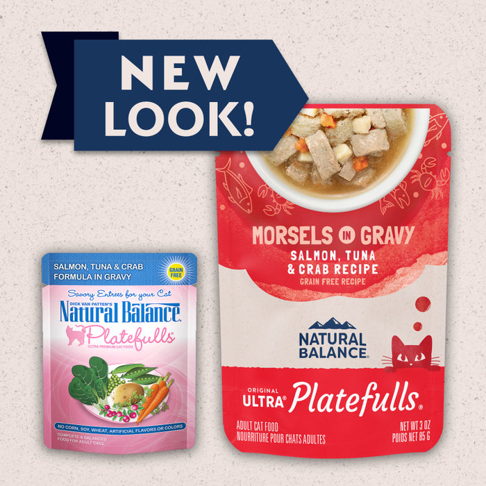 Natural Balance Pet Foods Original Ultra Platefulls Morsels in Gravy Wet Cat Food Pouch Salmon, Tuna, & Crab 3oz (Pack of 24)