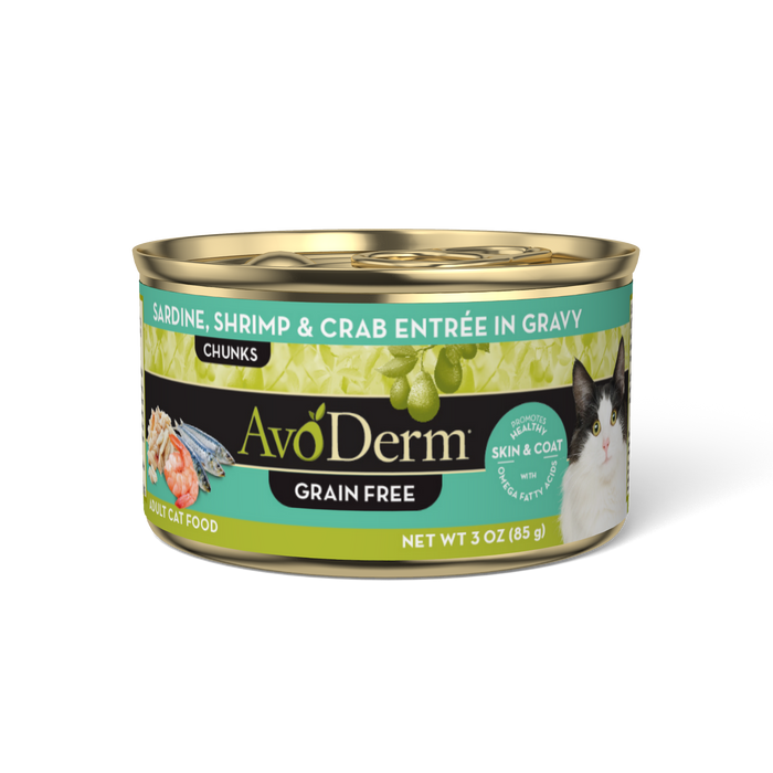 AvoDerm Natural Grain Free Sardine, Shrimp & Crab Entrée in Gravy Wet Cat Food 3 oz
