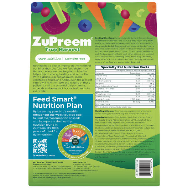 ZuPreem True Harvest Natural Bird Food for Medium Birds - Cockatiels, Lovebirds, Conures, Quakers 10lb