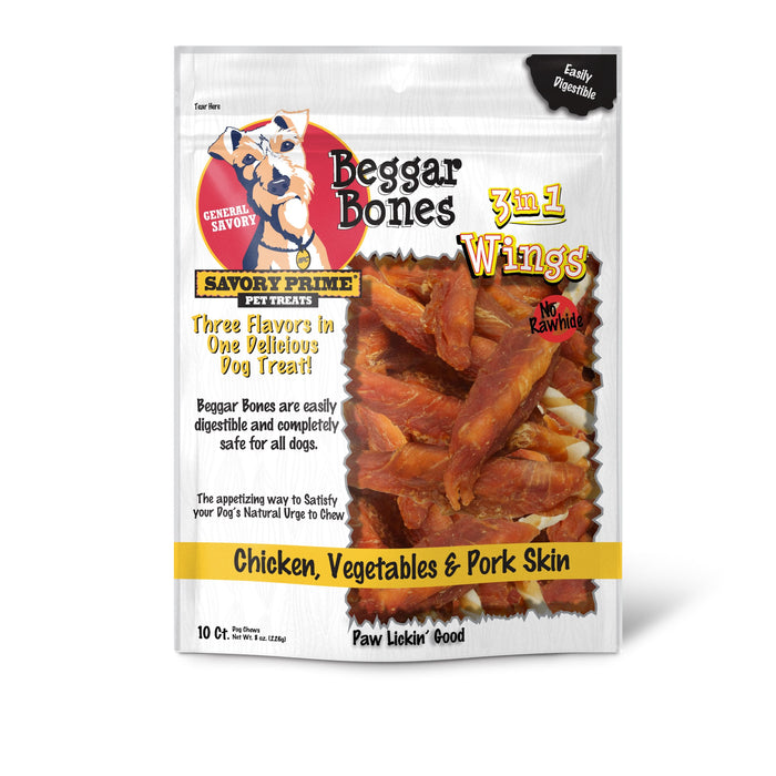 Savory Prime Beggar Bone 3in1 Wings Dog Treat Chicken, Vegetable & Pork 10ct