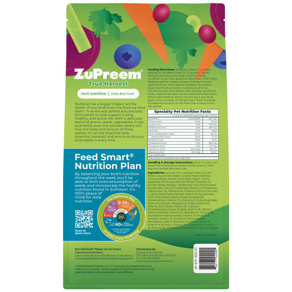 ZuPreem True Harvest Natural Bird Food for Large Birds - Macaws, Amazons, Cockatoos 3lb