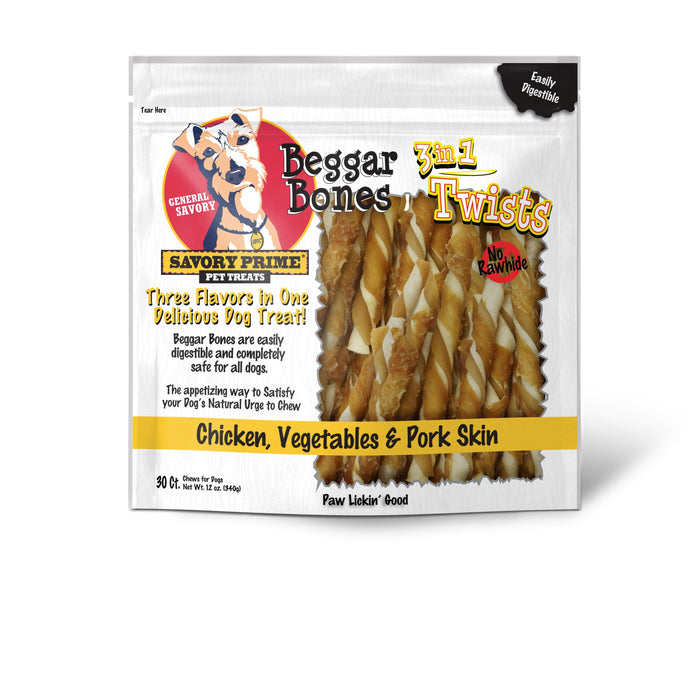 Savory Prime Beggar Bone 3in1 Twists Dog Treat Chicken, Vegetable & Pork 30ct