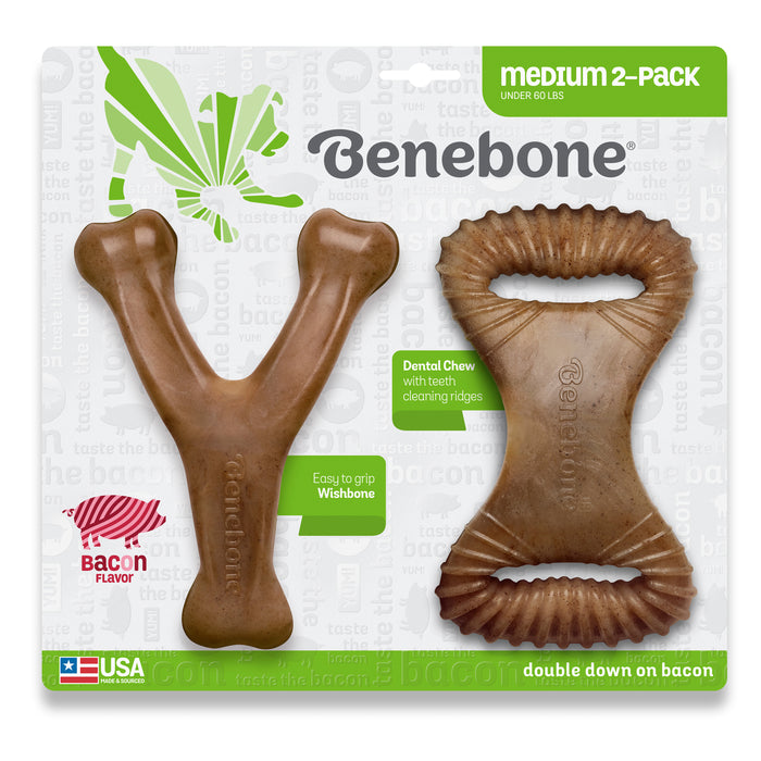 Benebone 2-Pack Dental Chew & Wishbone Dog Chew Toy Bacon MD|20 PK